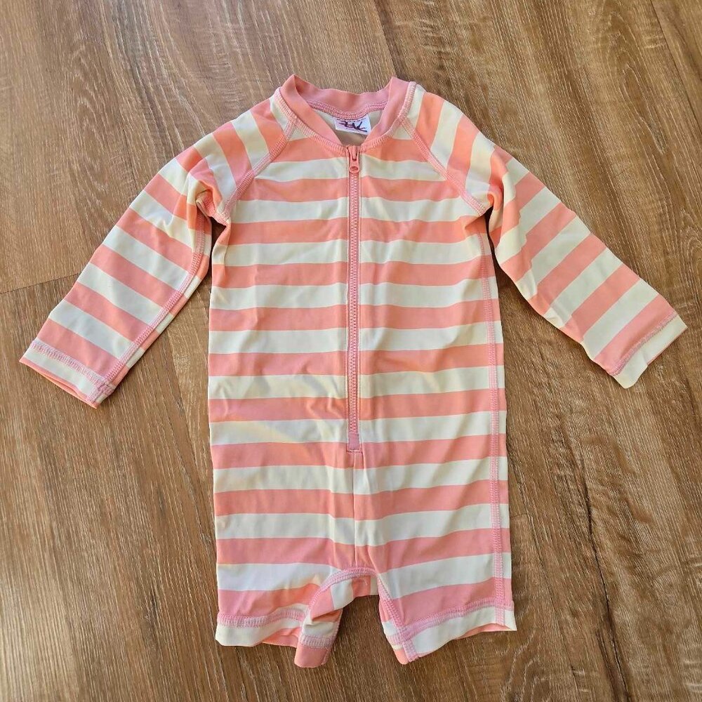 Hanna Andersson Sunblock Swimmy Zip Front Pink White Striped Rash Guard Suit 18M